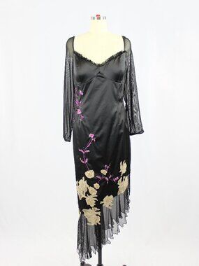 Vintage 00's AFTER SIX Black Satin Embroidered Lace Y2K Witchcore Dress, Size 14